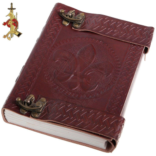 Kožený deník s ražbou heraldické lilie fleur-de-lis a zapínáním na hák