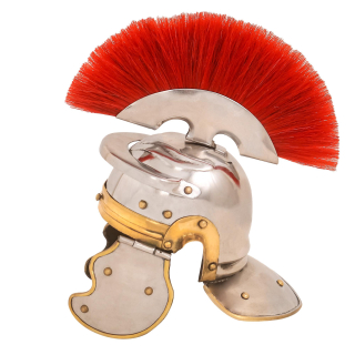Miniatura římské helmy Centuria s červeným chocholem a dřevěným stojanem